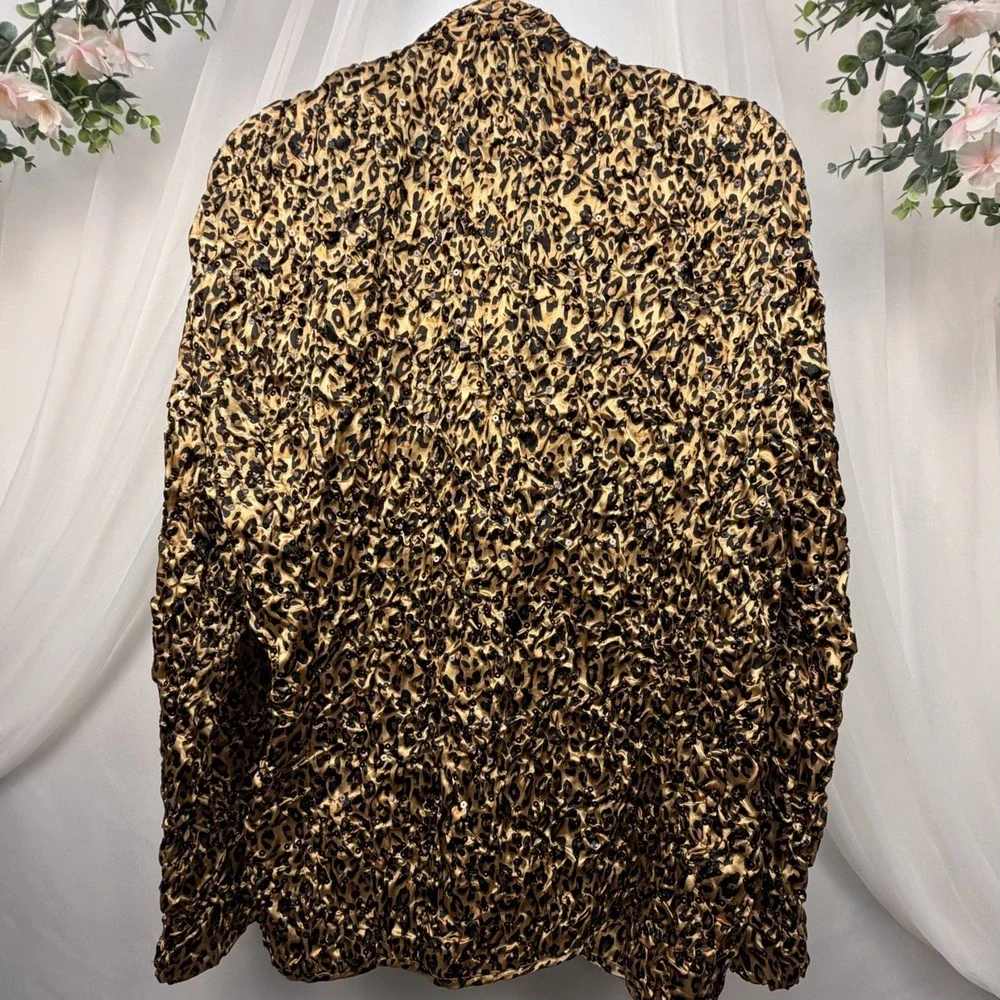 VINTAGE Adressing Woman Jacket Womens L Brown Animal Leopard Print Ruffle Y2K